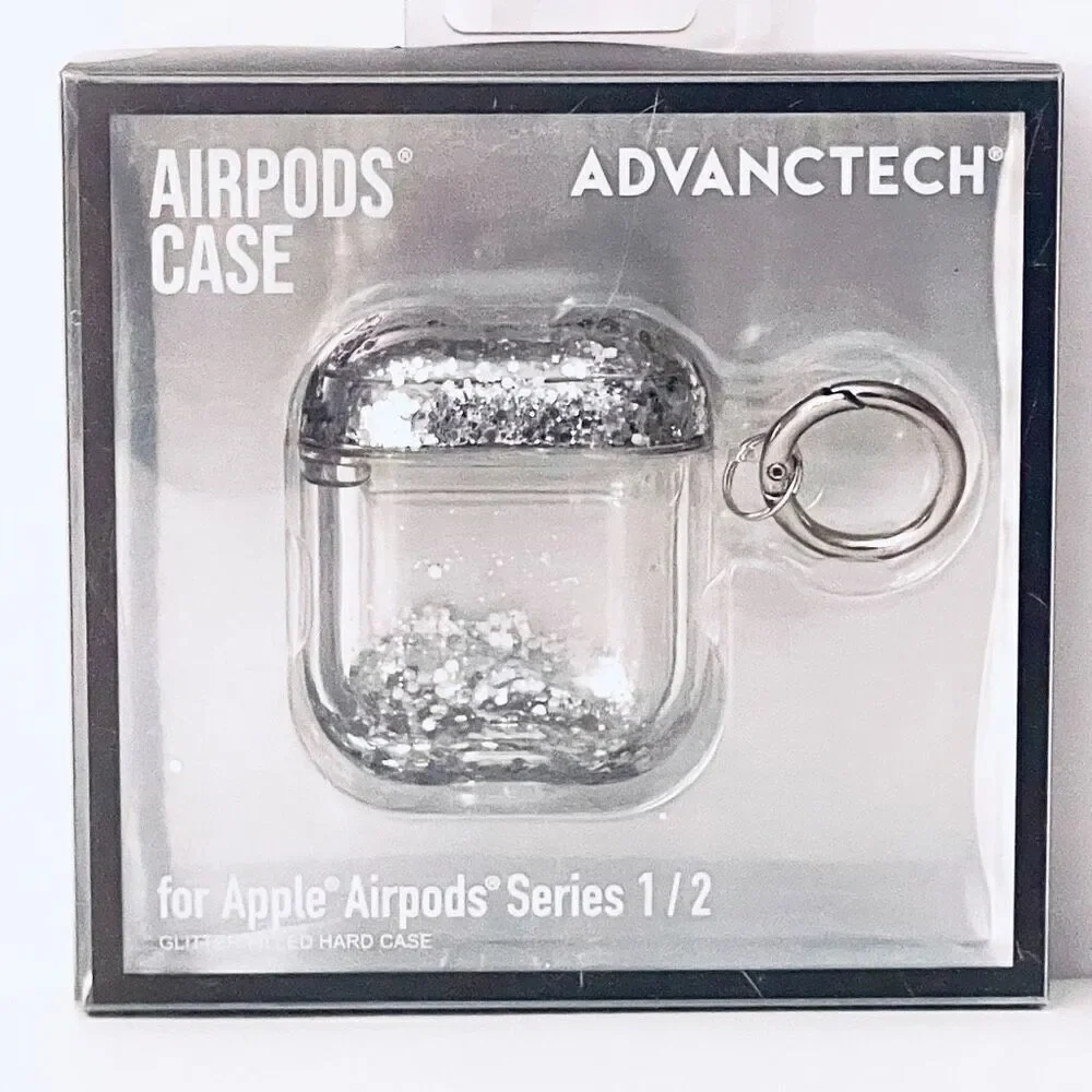 NWT ADVANTECH Clear case cover Apple AirPods Series 1 & 2 Silver Glitter Keyring